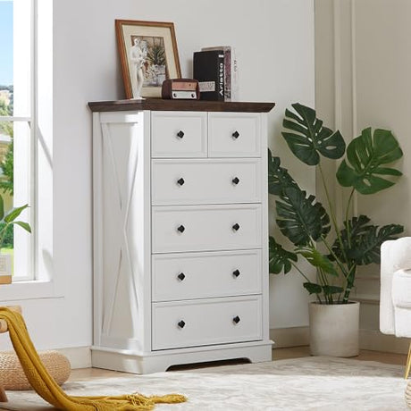 LDTTCUK 6 Drawer Dresser, Farmhouse Dresser Chest of Drawer for Bedroom, 48 Inch Tall Dresser, Wood Storage Chest of Drawers Storage Cabinet for Living Room, Entryway, Hallway, White LDTTCUK