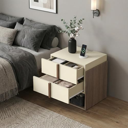 Mid-Century Modern Nightstands Set of 2 with Charging Station, MCM Walnut Bedside Tables with Drawer & Storage Shelf, Wood End Tables for Bedroom & Living Room FurniXpress