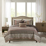 Madison Park Quilt Set Luxurious Jacquard Stripes Design - All Season, Coverlet Bedspread Lightweight Bedding Layer, Shams, Decorative Pillow, Full/Queen(90"x90"), Floral Red 5 Piece Madison Park