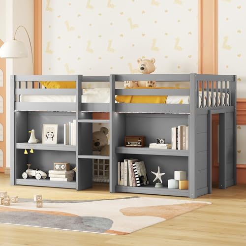 Harper & Bright Designs Low Loft Bed with Storage Shelves and LED Light for Kids, Twin Size, Gray - WoodArtSupply