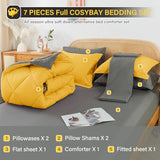 Cosybay Bed in a Bag Full Reversible Comforter Sets 7pcs All Season Down Alternative Bedding Sets Yellow and Grey with Comforter, Pillow Shams, Flat Sheet, Fitted Sheet and Pillowcase Cosybay