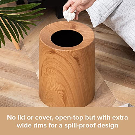 Anti Spill Wood Style Waste Basket - Kids and Pet Proof Garbage Container - Open Top Indoor Outdoor Trash Can - 12L/3.2Gal Capacity - Patio Garbage Can - Round Sleek Garbage Bin - 10inx10inx12in Trashaholic
