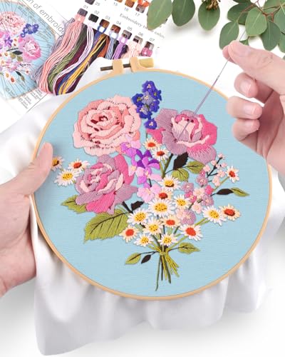 ERKOON Embroidery Kit for Beginners, Flower Cross Stitch Set for Include Embroidery Cloth Hoops Threads for Craft Lover Hand Stitch with Embroidery Skill Techniques (Bouquet) ERKOON
