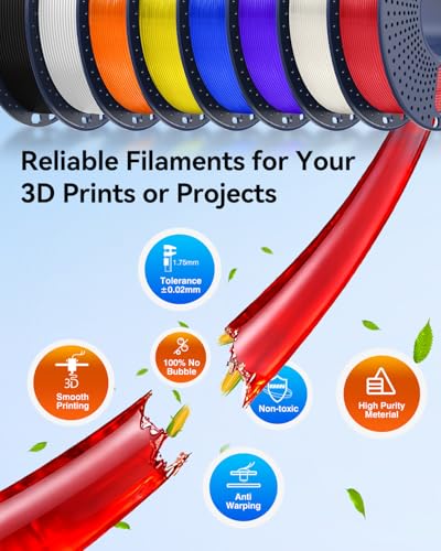 JAYO PLA+ Filament Bundle 1.75mm, 3D Printer Filament Bundle Multicolor, Individually Vacuum Packed, 250g Spool, 8 Pack, 2KG in Total, Black+White+Transparent+Clear(Blue+Red+Orange+Yellow+Purple) JAYO