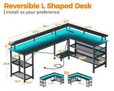 ODK L-Shaped Gaming Desk with LED Lights and Power Outlets - Reversible Design with Storage Shelves ODK