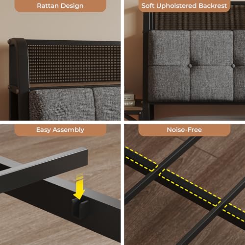 Salamir King Floating Bed Frame with LED & Charging Station, Ergonomic Upholstered Headboard with Folding Shelves Storage, Metal Slats Support, No Box Spring Needed, Easy Assembly, Noise-Free, Grey Salamir