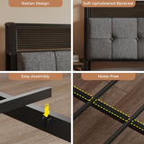 Salamir King Floating Bed Frame with LED & Charging Station, Ergonomic Upholstered Headboard with Folding Shelves Storage, Metal Slats Support, No Box Spring Needed, Easy Assembly, Noise-Free, Grey Salamir
