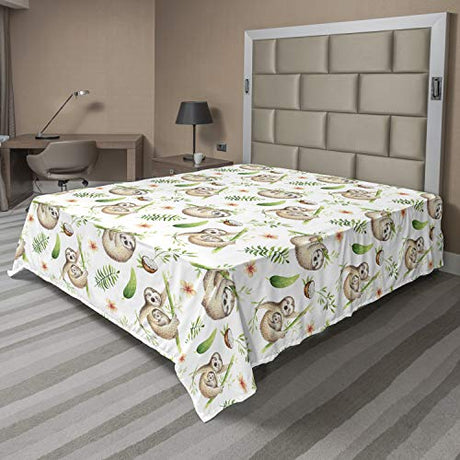 Ambesonne Sloth Flat Sheet, Sloth and Mother Soft Colored Flowers Coconut Tree Leaves Happy Family, Soft and Comfortable Top Sheet Decorative Bedding 1 Piece, Full Size, Brown Green Ambesonne