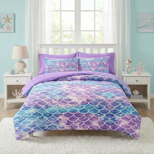 Nesker 5 Pcs Comforter Set Twin Size, Blue Purple Gradient Bedding for Kids Teen, Mermaid Scale Bedding Set with Pillowcase & Sham Nesker