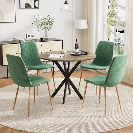 HAIZAO Small Round Dining Table Set for 4, 31.5'' Mid Century MDF Kitchen Table Set & 4 Green Wooden Velvet Dining Chairs, 5-Piece Retro Circle Dining Room Table Set for Home Apartment HAIZAO