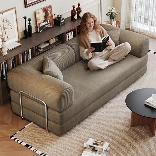 ZEIINPA 79" Convertible Sleeper Sofa Bed, Modern Corduroy Floor Couch Bed with Silver Fixed-Shape Frame, Modular Sofa Couch with Pull Out Bed, Loveseat Sleeper Boneless Couches for Living Room, Camel ZEIINPA