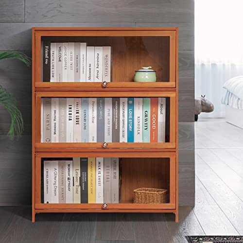 MoNiBloom 3-Tier Bamboo Bookshelf with Acrylic Doors - Freestanding Storage Unit for Living Room, Office, and Bedroom, Brown - WoodArtSupply