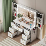 FURNJOYLIFE White Makeup Vanity Desk with Lighted Mirror & Power Outlet,3 Color Modes, Brightness Adjustable,Vanity Table with Drawer,Sliding 2 Storage Wall-Mounted Jewelry,4 Shelves for Bedroom FURNJOYLIFE