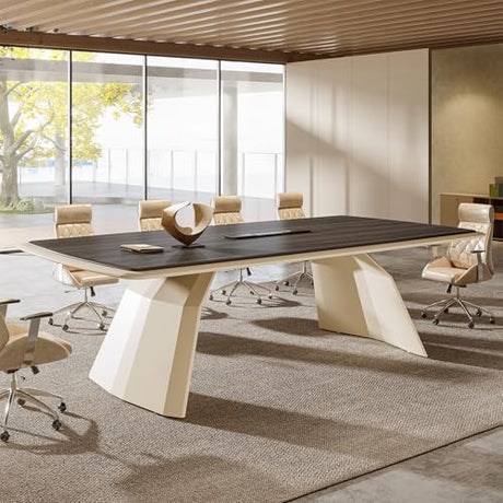Tribesigns 7.87 ft Extra Long Conference Table for 10-12 People, Large Business Rectangle Meeting Seminar Table with Stainless Steel Base & Recessed Power Strip Socket, Gray + Khaki Tribesigns