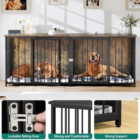 DWVO Double Dog Kennel Furniture, 80.2" Dog Cage Furniture with Divider, Double Dog Crate TV Stand for 2 Medium Dogs, Brown DWVO