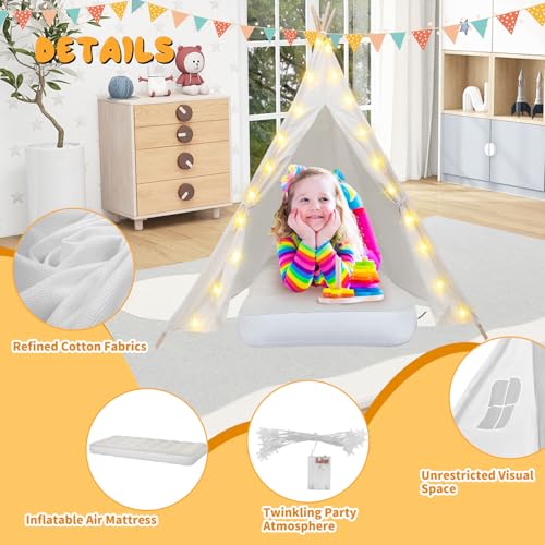 4 Pack Teepee Tent for Kids [Thickened] with Light String and Inflatable Airbed, Slumber Party Tents, Sleepover Tents Party for Girls Boys Indoor Outdoor (White) WOUDY