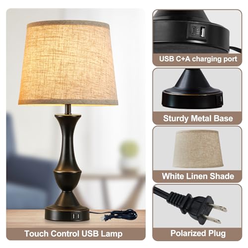 Upgraded Touch Table Lamps Set of 2, 22" Tall Bedside Lamps with USB C+A Ports, 3 Way Dimmable Nightstand Lamps for Bedroom, Living Room, Office, Black Lamps with Beige Lampshade, Bulb Included Luvkczc