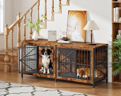 CHOEZON 71" Double Dog Crate Furniture for 2 Dogs, Wooden Dog Crate End Table, Dog Cage for Medium/Large Dogs, Heavy-Duty Dog Kennel Furniture with Framed Metal Doors, Rustic Brown and Black TGW02BF