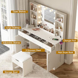 Vabches Makeup Vanity Table with Lighted Mirror & Power Strip, Large Vanity Set Vanity Desk with Storage Stool, 3 Lighting Modes, Brightness Adjustable, 45.2in(L) Vabches
