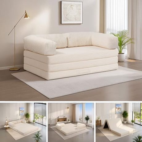 5-in-1 Convertible Sofa Bed,54" Boneless Couch Tri Folding Floor Mattress with Removable L-Shaped Armrests & Handle,Corduroy Futon Couch Sleeper with Pull Out Bed for Living Room Bedroom Apartment feliz home