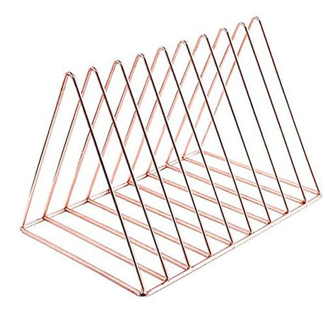 Rose Gold Metal Vinyl Record Holder,Vertical Record Player Holder,File Organizer for Desk,Desktop File Sorters,Paper Organizer and Record Holder Stand,Triangle Upright 9 Lattice Vinyl Rack Stand,1Pack Cq acrylic