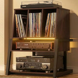 Homieasy Record Player Stand with Vinyl Storage Cabinet, 22" Record Player Table Up to 200 Albums, Large Wood Turntable Stand with Record Album Holder with Charging Station & LED Light, Espresso Homieasy