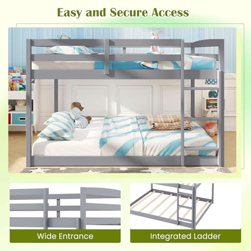 Giantex Full Over Full Bunk Bed, Solid Wood Kids Bunk Bed with Full-Length Guardrails, Integrated Ladder & Anti-Tippling Kits, Low Bunk Beds with Slats Support for Kids, Teens, Grey Giantex