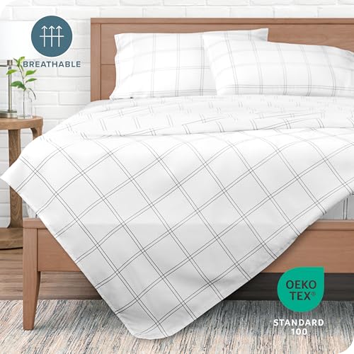 Bare Home Full Sheet Set - Luxury 1800 Ultra- Soft Double Brushed Microfiber - Deep Pockets - Easy Fit - 4 Piece Bedding Sheet Set (Full, Modern Plaid - White/Grey) Bare Home