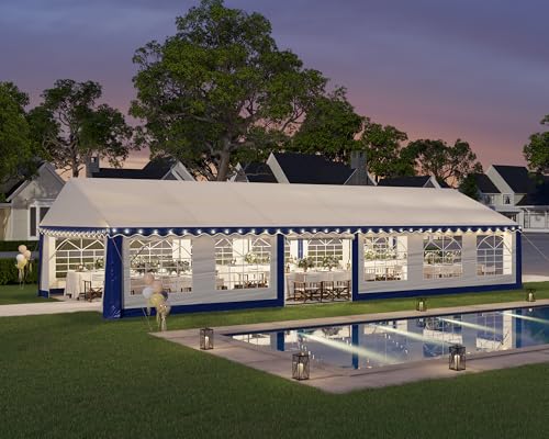 AMERLIFE 20 x 40 FT Party Tent with Rolled Sidewalls, Heavy Duty Wedding Tent for Party Outside with Zinc Alloy Tube & Spiral Stakes, Waterproof Event Shelters, White & Blue AMERLIFE