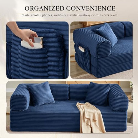 AUGOP Boneless Couch Folding Couches for Living Room Sofa, Futon Sofa Bed with Sleeper Sofa, Futon Couch with Fixed-Shape Oversized Corduroy Upholstered (Blue, 81 Inches) AUGOP