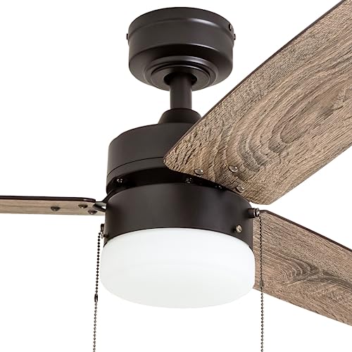 Prominence Home Reston, 42 Inch Modern Farmhouse LED Ceiling Fan with Light, Pull Chain, Dual Mounting Options, Dual Finish Blades, Reversible Motor - 51015-01 (Bronze) Prominence Home