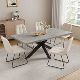 ZckyCine 6-8 Person Modern Rectangular Dining Table Set with 6 Chairs, Expandable Kitchen Table (51 to 63 Inches), Space-Saving Design, Metal Frame, Gray Tabletop & White PU Leather Chairs ZckyCine