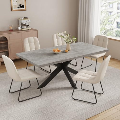 ZckyCine 6-8 Person Modern Rectangular Dining Table Set with 6 Chairs, Expandable Kitchen Table (51 to 63 Inches), Space-Saving Design, Metal Frame, Gray Tabletop & White PU Leather Chairs ZckyCine