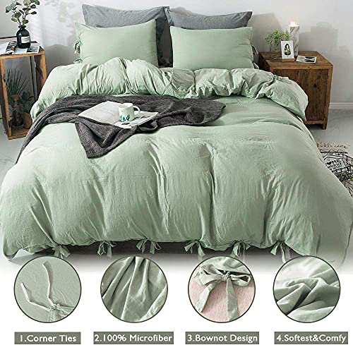 annadaif Sage Green Duvet Cover King Size, 3 Pieces Soft Washed Microfiber Duvet Cover Set, Comforter Cover with Bowknot Bow Tie (1 Duvet Cover 104x90 Inch, 2 Pillowcases) Easy Care Bedding Set annadaif