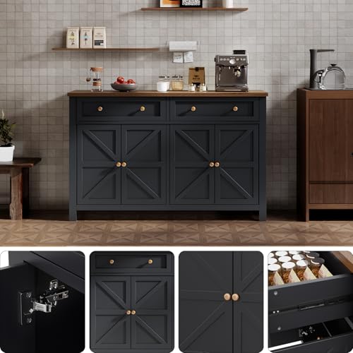 Cakhdry 55" Sideboard Buffet Cabinet with Storage, Large Kitchen Storage Cabinet with 2 Drawers and 4 Barn Doors, Farmhouse Coffee Bar Buffet Table for Kitchen Living Room Room, Black Cakhdry