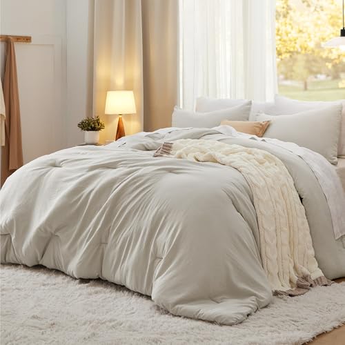 Bedsure Queen Comforter Set, Beige Soft Prewashed Bedding for All Seasons, 3 Pieces GentleSoft™ Bed Set, 1 Lightweight Comforter (90"x90") and 2 Pillowcases (20"x26") Bedsure