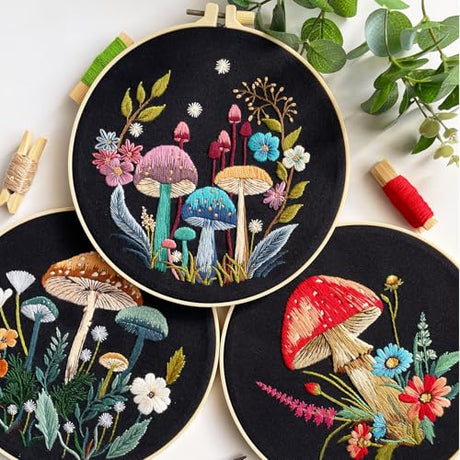 Myfelicity Embroidery Kit with Mushroom Patterns, 3 Hoops, Fabric, Threads, Needles, Instructions (Colorful) Myfelicity