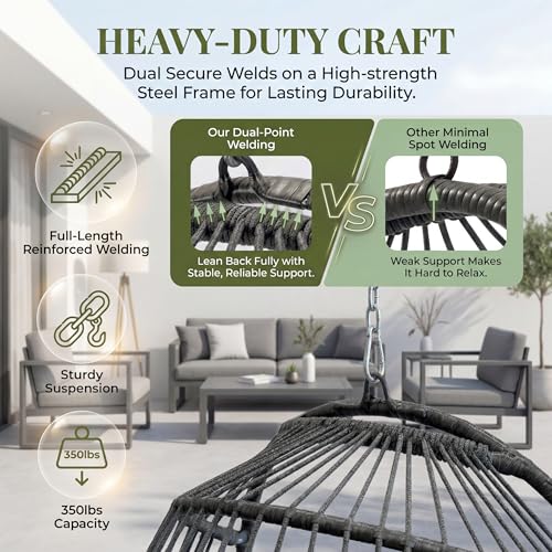 RADIATA Outdoor Egg Chair Without Stand, Foldable Durable Rattan Wicker Hanging Swing Basket, 350 Lbs Heavy-Duty Hammock Chair with Cushion for Patio Balcony Garden Ceiling or Tree Mount, Dark Gray