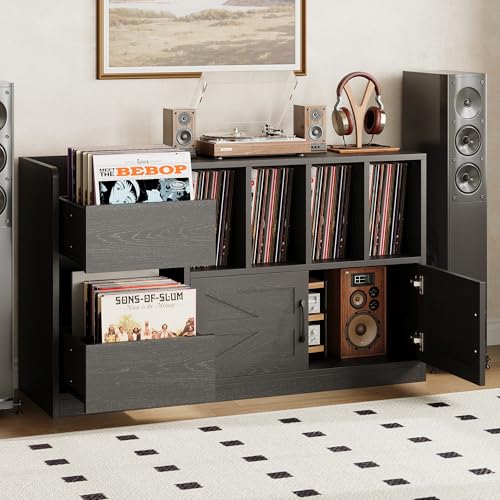 IRONCK Record Player Stand, Vinyl Record Player Table with Storage Cabinet and Drawers, Mid Century Modern Turntable Stand Holds Up to 500+ Albums for Living Room, Music Room, Black IRONCK