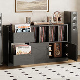 IRONCK Record Player Stand, Vinyl Record Player Table with Storage Cabinet and Drawers, Mid Century Modern Turntable Stand Holds Up to 500+ Albums for Living Room, Music Room, Black IRONCK