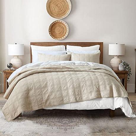 HORIMOTE HOME 100% Cotton Quilt Queen Size Beige Bedspread, Pre-Washed 3-Piece Cozy Lightweight Stitching Decorative Bedding Cover Coverlet Set with 2 Shams in Geometric Pattern for All Season HORIMOTE HOME