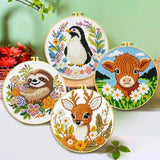 Zhenqing 4-Piece Animal Cross Stitch Kit for Beginners - Complete Set with Pre-Printed 11CT 24x24cm Fabric, Hoop & Tools (Penguin, Sloth, Cow, Deer Designs)(70405)