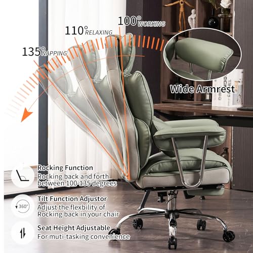 Efomao Big and Tall Office Chair 400lbs - Executive Office Chairs with Footrest, Heavy-Duty PU Leather Computer Chair for Heavy People, Light Green Home Office Desk Chairs Efomao