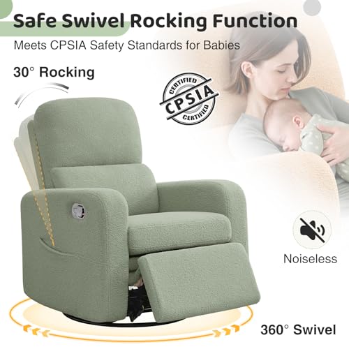 AEMEIOS Swivel Rocker Recliner, Oversized Manual Boucle Nursery Glider Rocking Recliner Chair with Removable Cushion, Upholstered Swivel Reclining Chair for Nursery Living Room Bedroom, Teddy Green