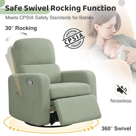 AEMEIOS Swivel Rocker Recliner, Oversized Manual Boucle Nursery Glider Rocking Recliner Chair with Removable Cushion, Upholstered Swivel Reclining Chair for Nursery Living Room Bedroom, Teddy Green AEMEIOS