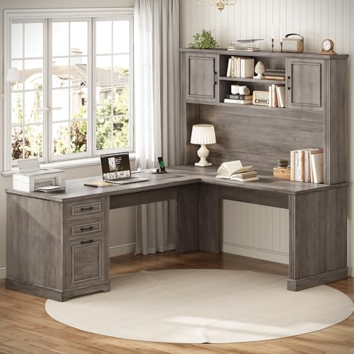SEDETA Farmhouse L Shaped Desk with Hutch and 3 Drawers, 68.9" Executive Office Desk with File Drawer and Power Outlet, Corner Computer Desk with Storage Shelves for Home Office (Grey) SEDETA