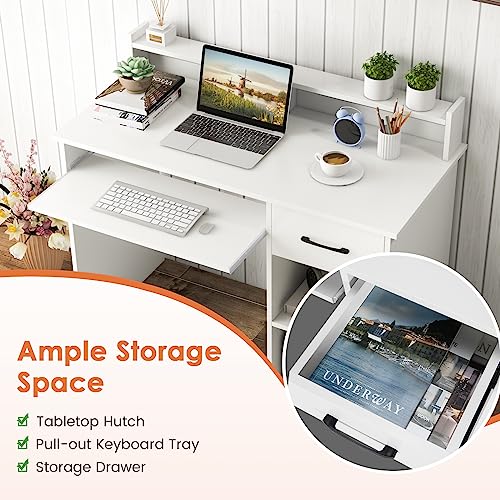 IFANNY Computer Desk with Drawers, Study Table with Storage Shelves, Keyboard Tray, Power Outlet, Wood Makeup Vanity Table, Small Desk for Bedroom, Study, Living Room, Home Office (White, 35.5''H) IFANNY