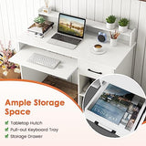 IFANNY Computer Desk with Drawers, Study Table with Storage Shelves, Keyboard Tray, Power Outlet, Wood Makeup Vanity Table, Small Desk for Bedroom, Study, Living Room, Home Office (White, 35.5''H) IFANNY