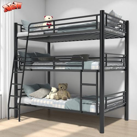 ATOPCORP New Upgrade Metal Twin Over Twin Over Twin Triple Bunk Bed Frame,Detachable Heavy Duty Steel 3 Bunk Beds with 2 Ladder & Guardrail for Kids Adults Teens Boys, No Box Spring Need (Black) ATOPCORP