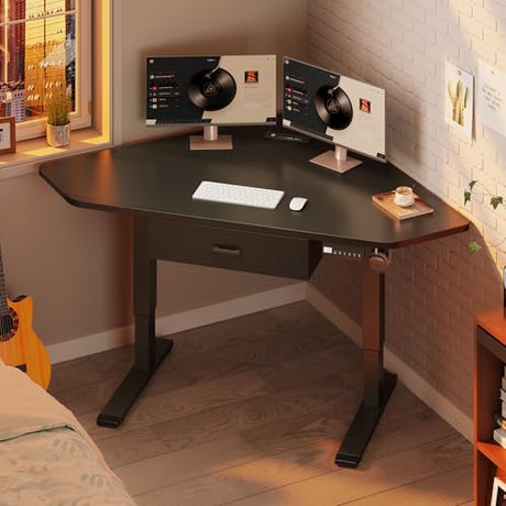 SEDETA Corner Standing Desk, 32'' Small Height Adjustable Electric Computer Desk with Drawer for Gaming, Small Space, Stand up Home Office Writing Desk, Small Gaming Table, Black SEDETA